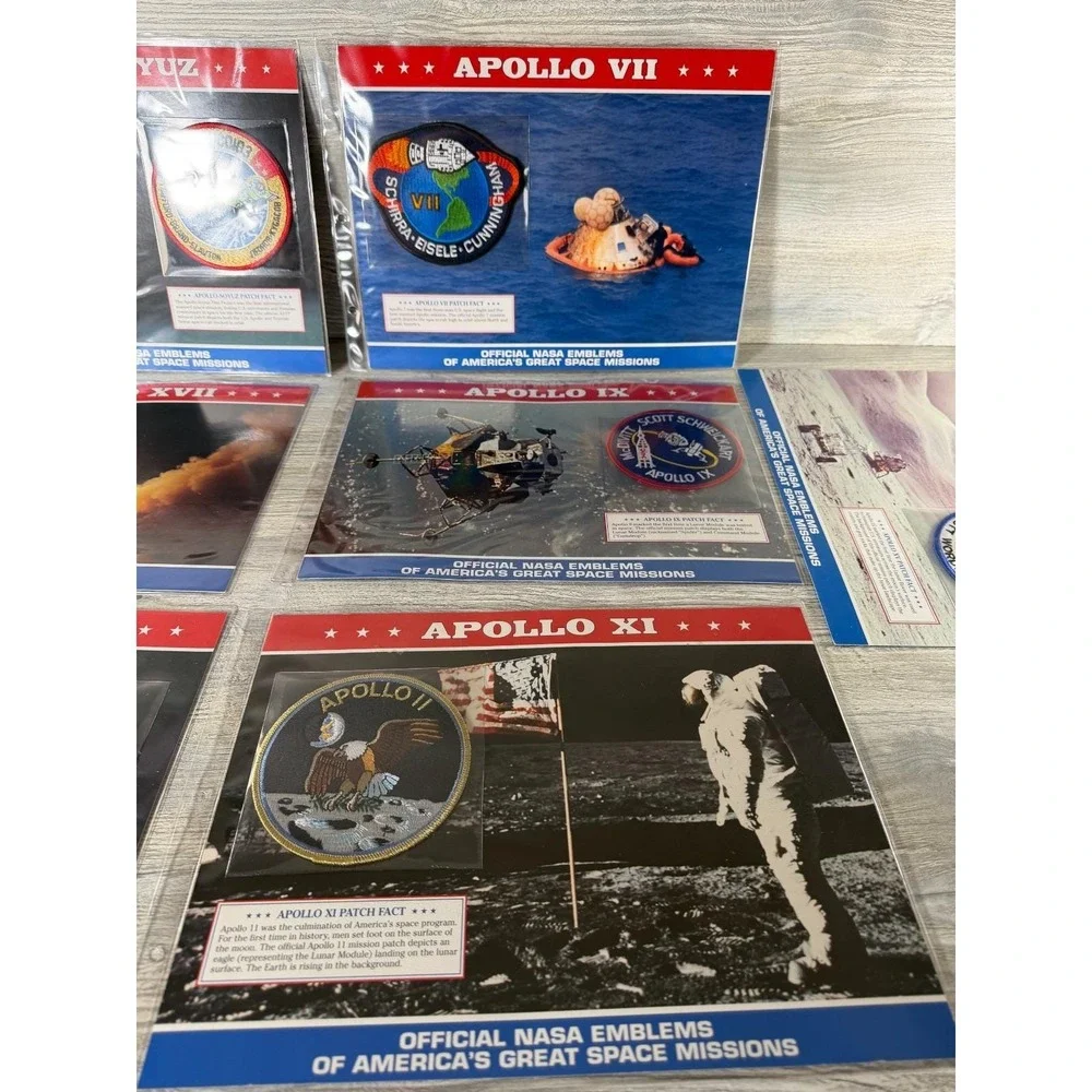 7 Vtg Official NASA Emblem Patch Apollo With Mission Data Card Facts Soyuz